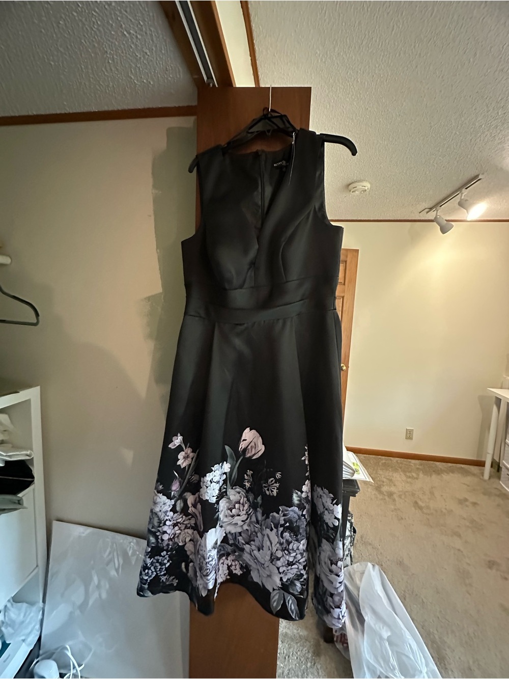 Betsy & Adam Black Midi Dress with White and Blush Floral Hem